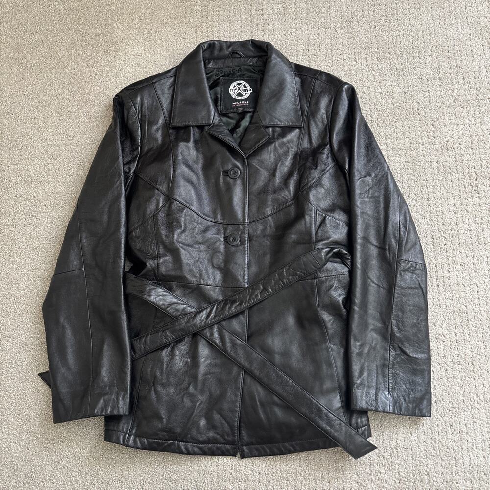 Wilson's Leather Belted Jacket Womens Size XL Black Thinsulate Lined Pockets